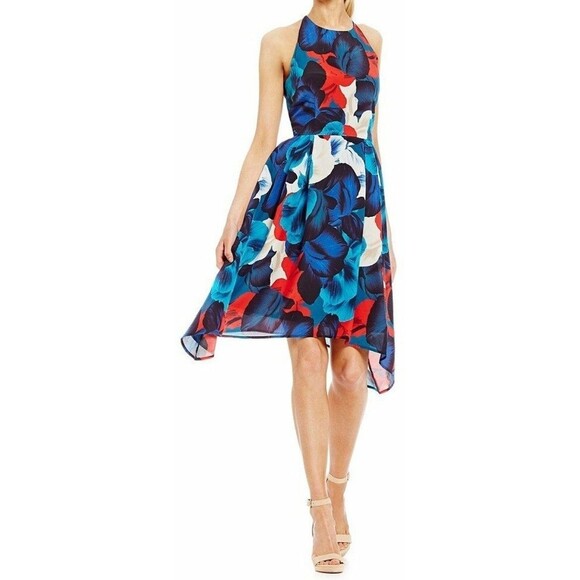 ANTONIO MELANI SILK FLORAL PRINT ROUGE & PERSIAN BLUE Size 8 - Picture 1 of 9